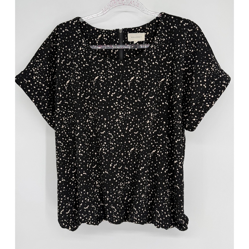 Melloday Womens Black White Speckled Short Sleeve Zipper Back Blouse Sz L
